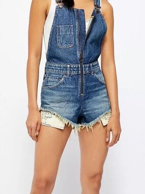 Free People Washed Blue Denim Short Overalls with Frayed Hem